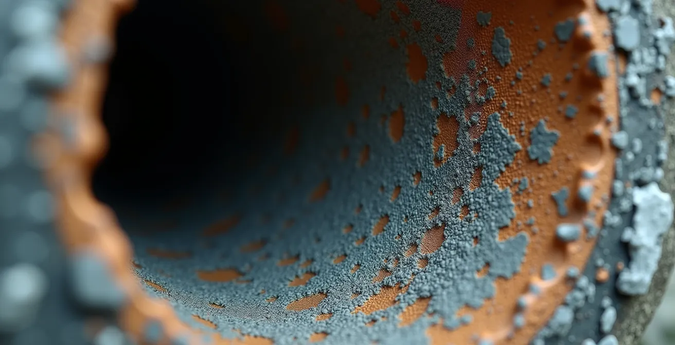 Vue macro d'une section de tuyau ancien montrant les dépôts calcaires et la corrosion interne