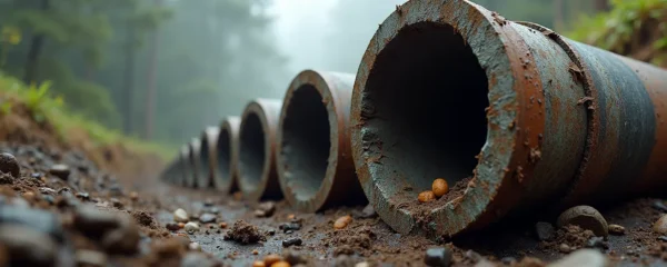 Vue d'ensemble d'une section de canalisation coupée révélant l'intérieur avec différents types d'obstructions et de dégradations