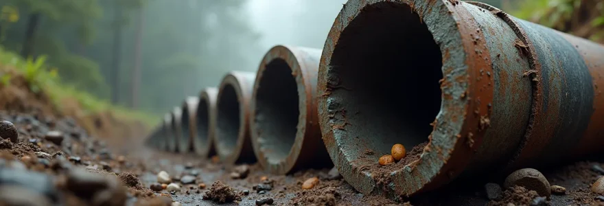 Vue d'ensemble d'une section de canalisation coupée révélant l'intérieur avec différents types d'obstructions et de dégradations