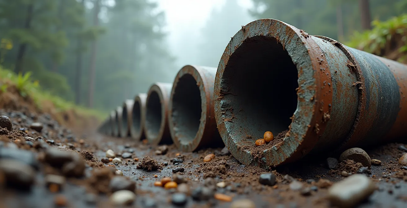 Vue d'ensemble d'une section de canalisation coupée révélant l'intérieur avec différents types d'obstructions et de dégradations