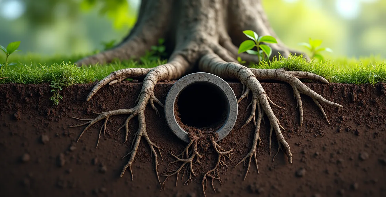 Vue souterraine montrant des racines d'arbres s'infiltrant dans une canalisation fissurée