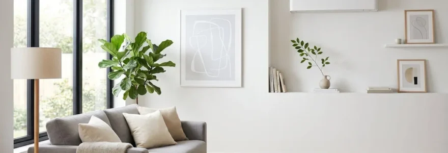 Unité de climatisation réversible blanche au design épuré dans un salon contemporain lumineux