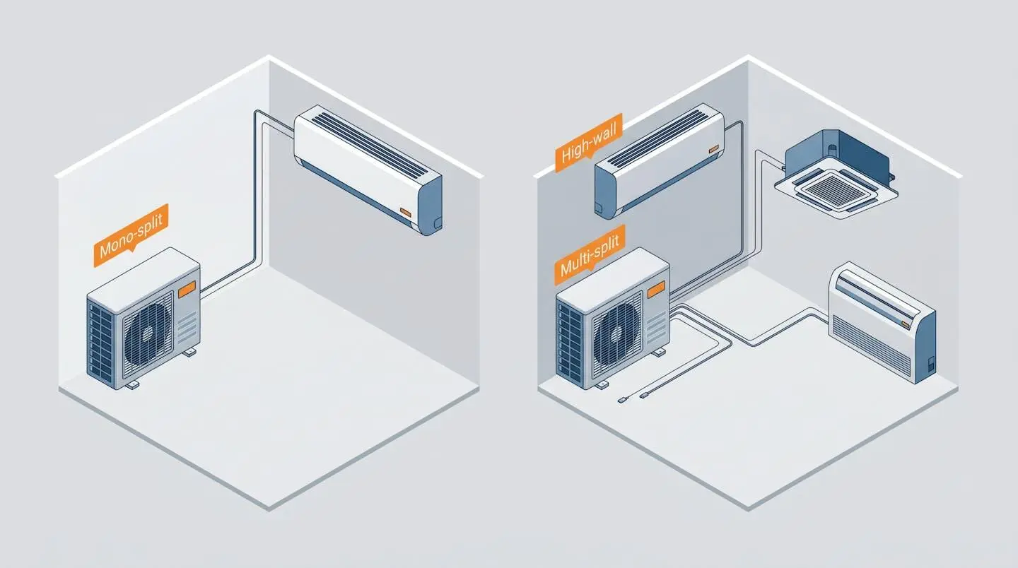 Schéma comparatif isométrique montrant la différence entre mono-split et multi-split