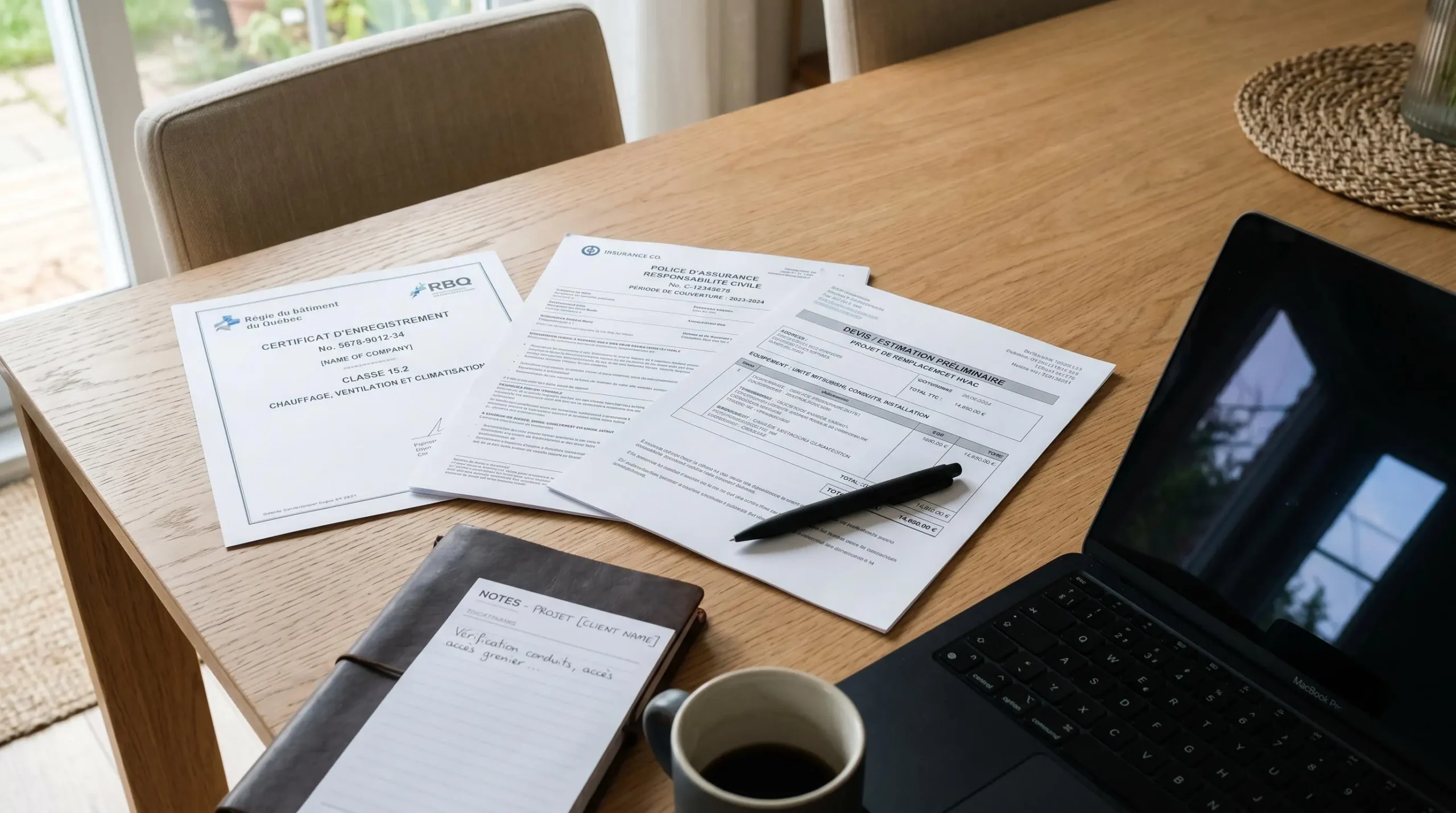 Documents professionnels d'un entrepreneur CVAC disposés sur une table : certificat RBQ, police d'assurance responsabilité civile et devis détaillé en français