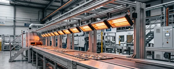 Ligne de production industrielle équipée d'un tunnel de séchage infrarouge avec rangée d'émetteurs céramiques orangés en fonctionnement au-dessus d'un convoyeur transportant des pièces