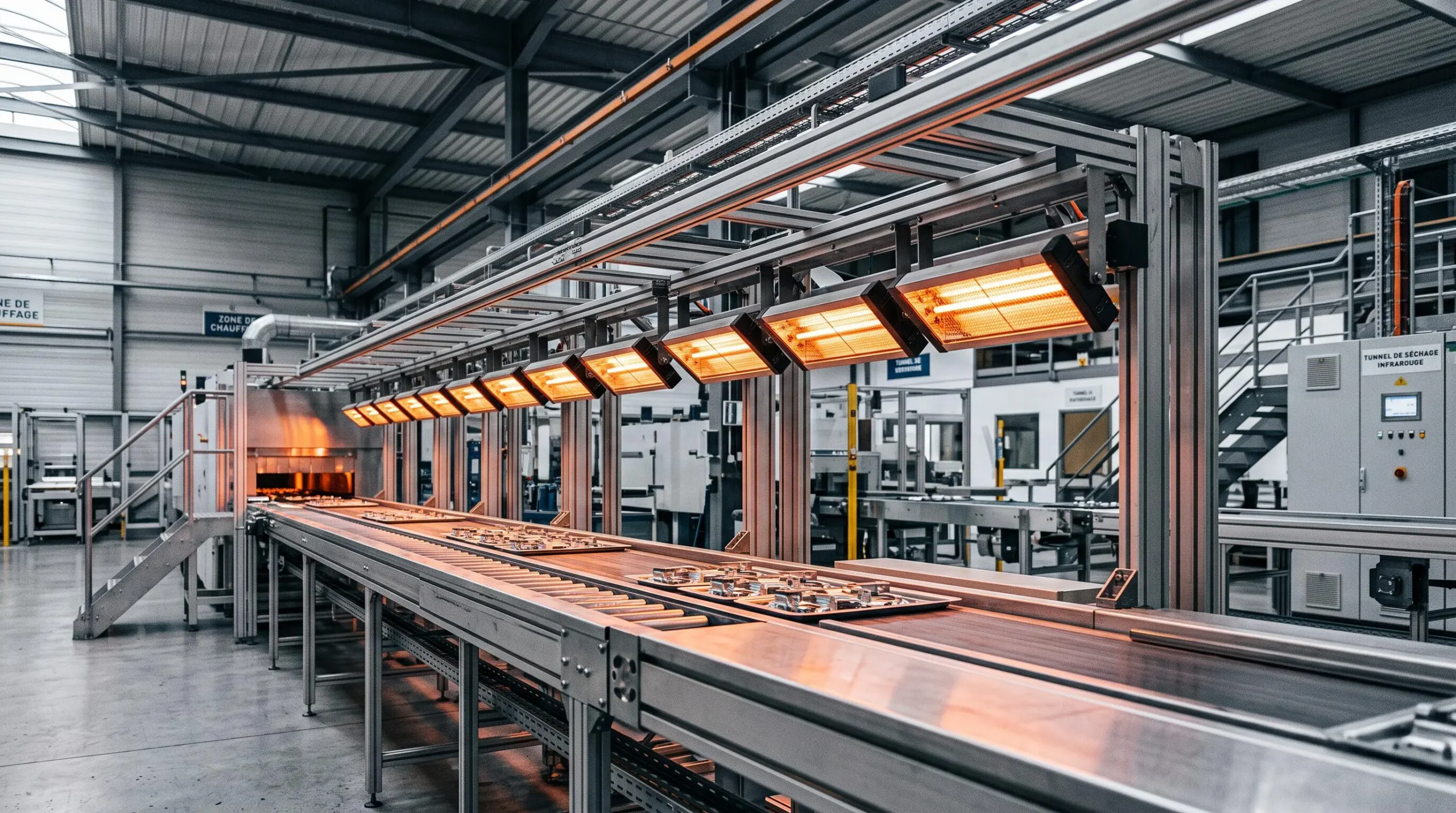 Ligne de production industrielle équipée d'un tunnel de séchage infrarouge avec rangée d'émetteurs céramiques orangés en fonctionnement au-dessus d'un convoyeur transportant des pièces