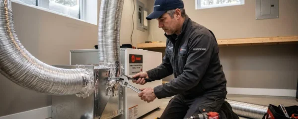 Technicien CVAC certifié installant une thermopompe centrale dans un sous-sol résidentiel québécois, raccordant des conduits métalliques avec ses outils professionnels