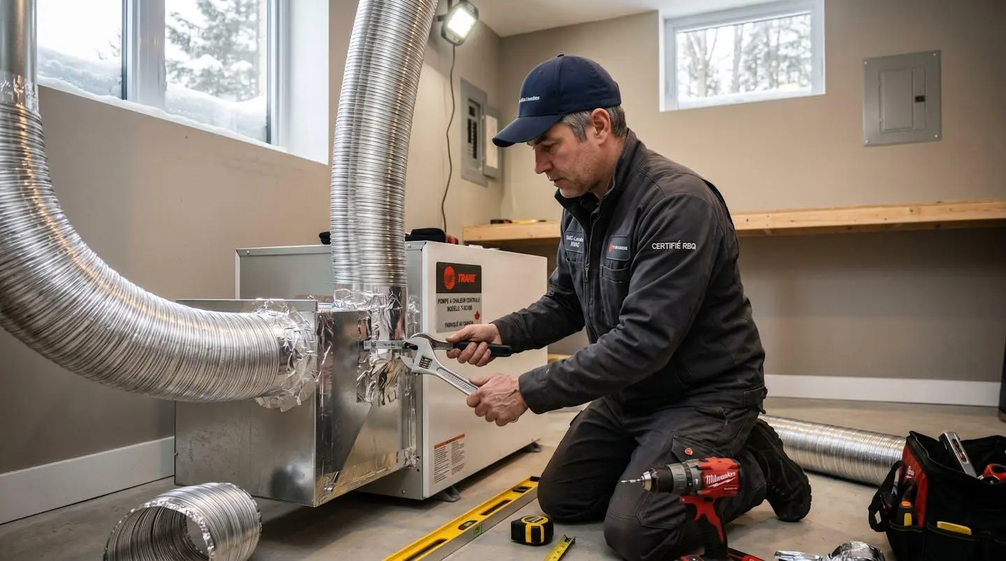 Technicien CVAC certifié installant une thermopompe centrale dans un sous-sol résidentiel québécois, raccordant des conduits métalliques avec ses outils professionnels