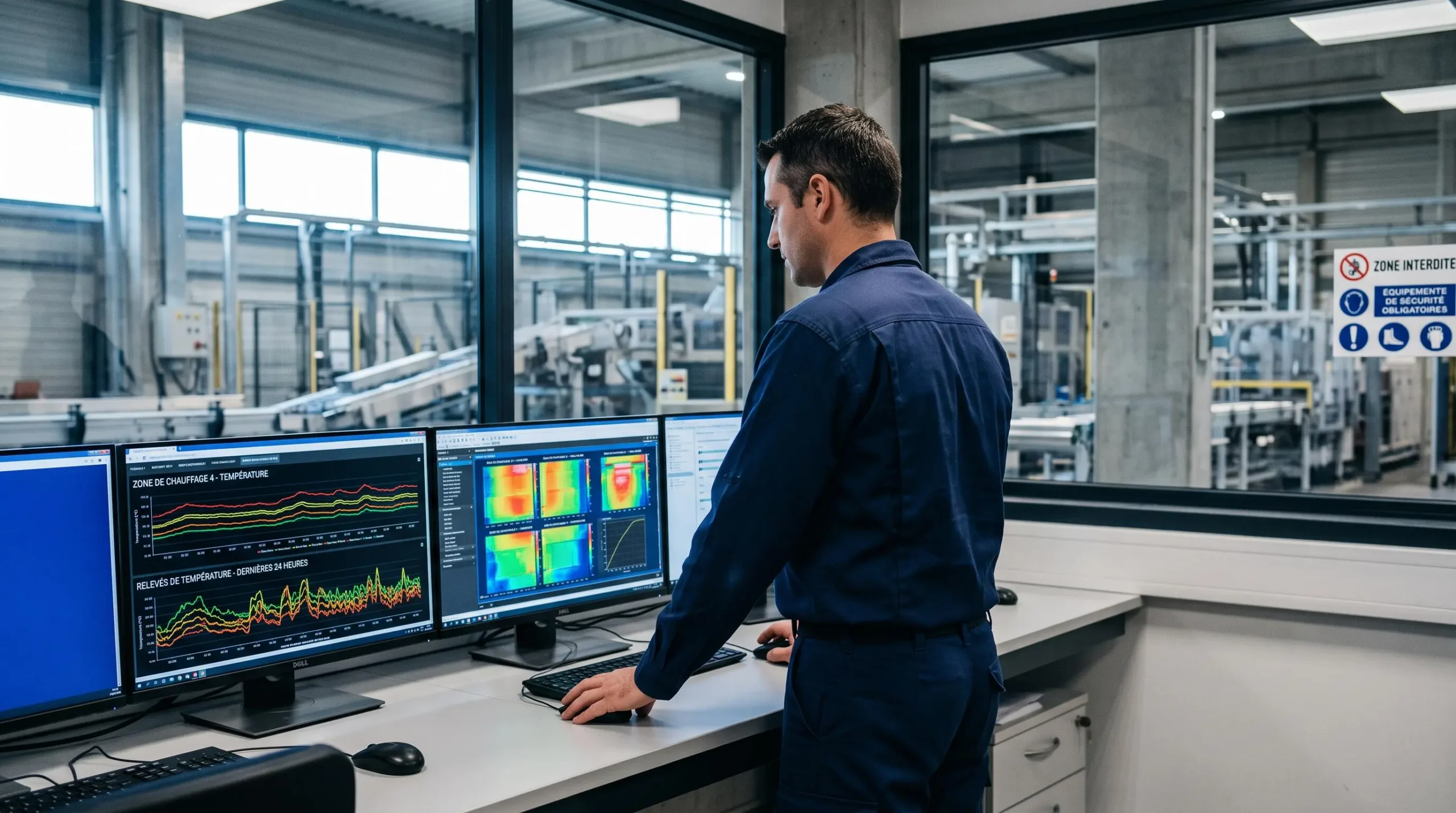 Technicien de dos devant pupitre de contrôle industriel avec écrans affichant cartographie thermique et graphiques de zones de température, salle de contrôle moderne avec ligne de production visible en arrière-plan