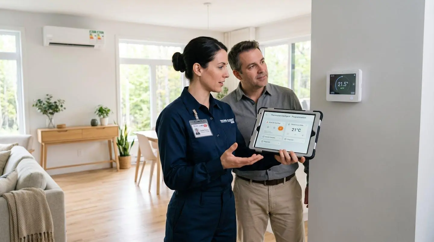 Technicienne CVAC certifiée expliquant sur tablette numérique les options de système de chauffage à un propriétaire résidentiel québécois